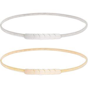 2 Pieces Skinny Stretch Belts - Gold Silver Set4